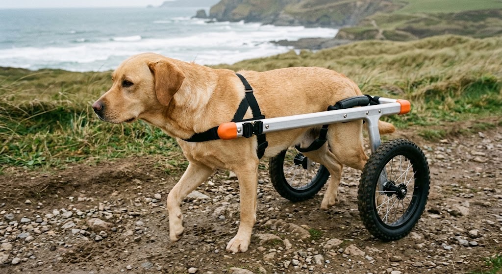 Yellow Labrador walking with SurePups heavy duty mobility cart