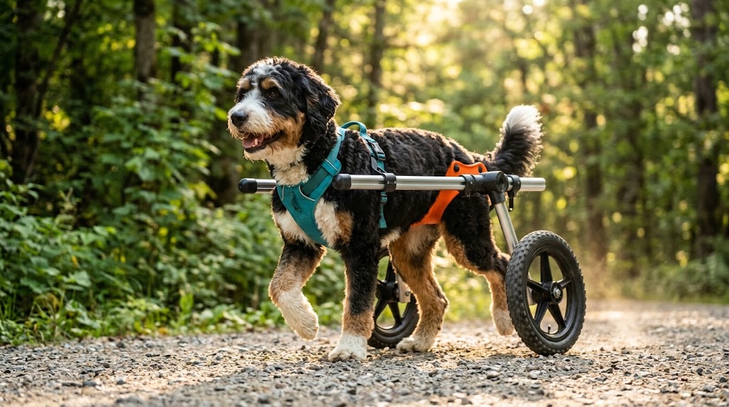 Bernedoodle trotting on trail in SurePups custom mobility cart