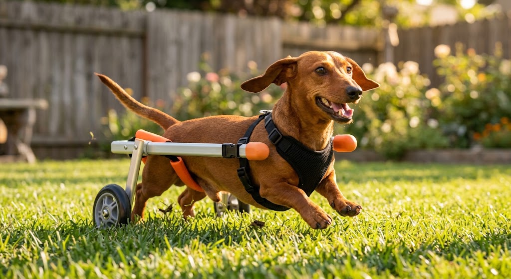 Miniature Dachshund running in SurePups custom mobility cart